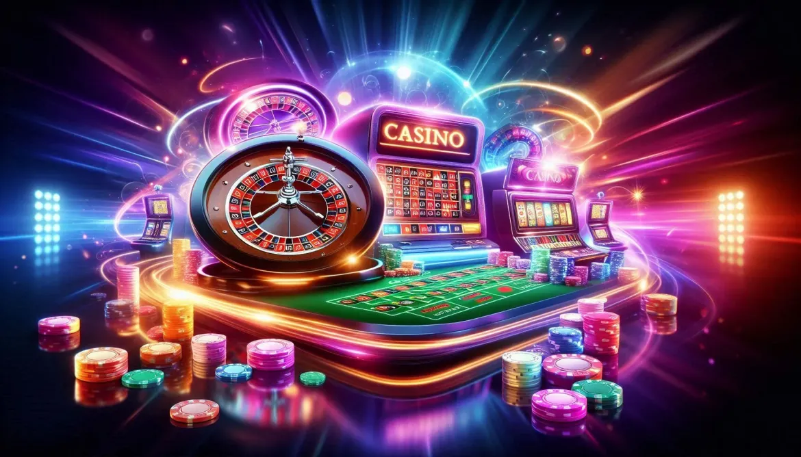 Casinotafel met roulette, kaarten en kleurrijke verlichting
